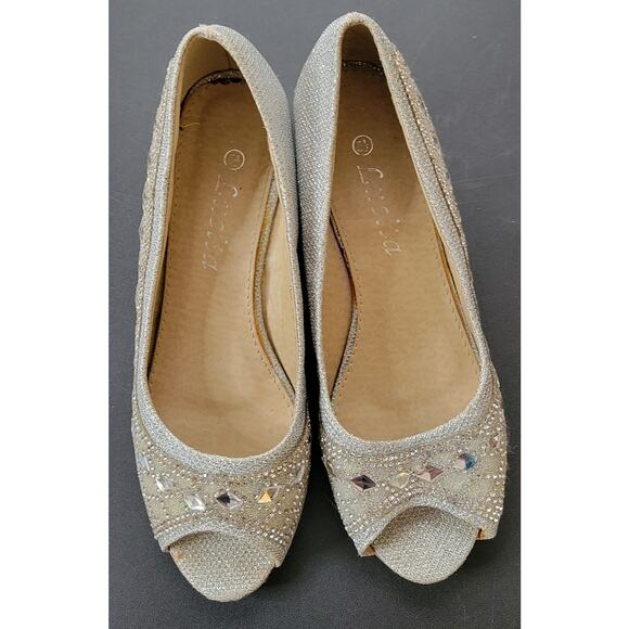 Lucita Silver Embellished Open Toe Heels - Size 5.5 - Picture 2 of 10